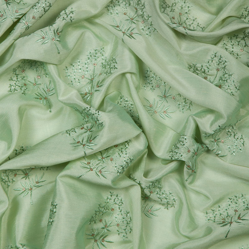 Light Green Floral Pattern Embroidery Silk Fabric - Fabcurate