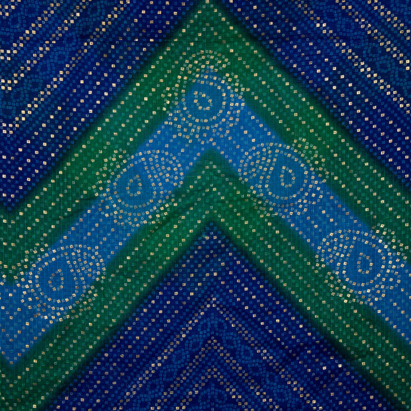 Royal Blue And Green Bandhani Foil Printed Kota Doria Fabric