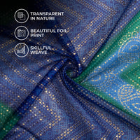 Royal Blue And Green Bandhanii Foil Printed Kota Doria Fabric