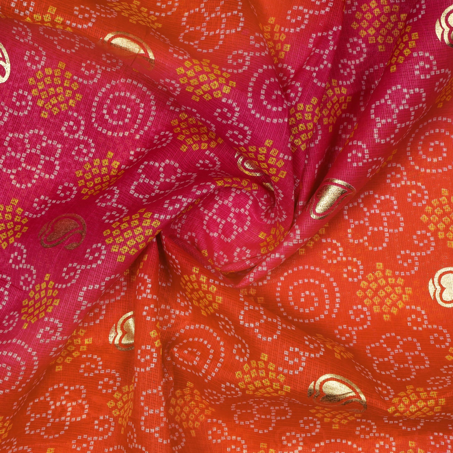Dark Pink Bandhani Pattern Foil Print Kota Doria Fabric