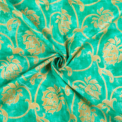 Green Ethnic Pattern Foil Print Kota Doria Fabric - Fabcurate