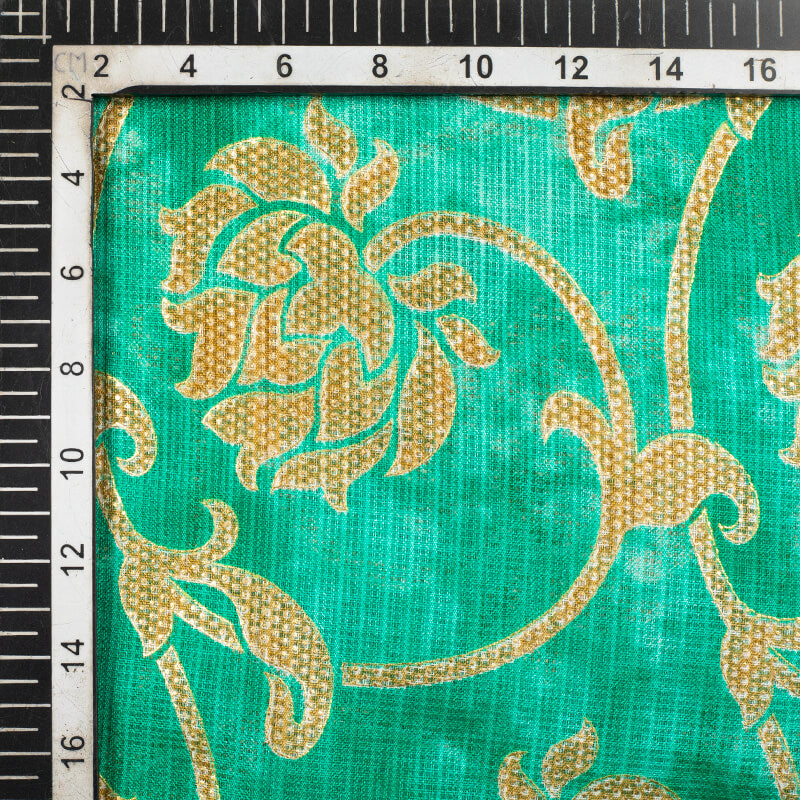 Green Ethnic Pattern Foil Print Kota Doria Fabric - Fabcurate