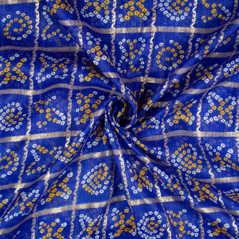 Royal Blue Bandhani Pattern Foil Print Kota Doria Fabric - Fabcurate