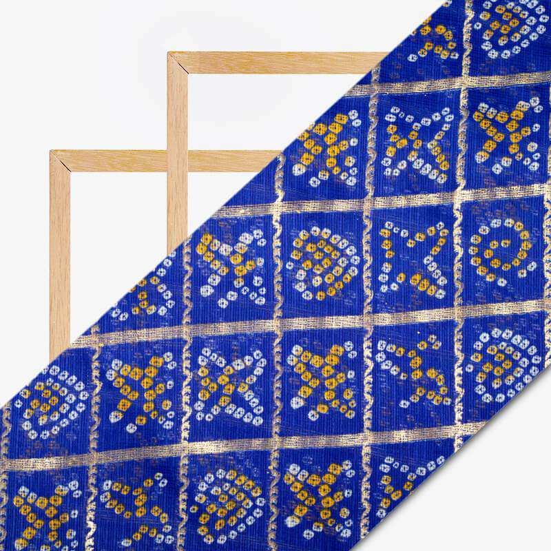Royal Blue Bandhani Pattern Foil Print Kota Doria Fabric - Fabcurate