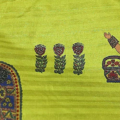 Lemon Yellow And Royal Blue Madhuvanii Pattern Digital Print Premium Swarovski Hand Work Art Tussar Silk Fabric