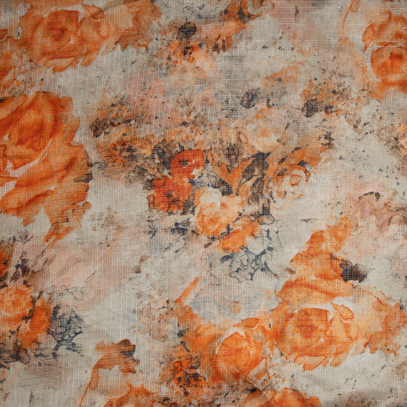 Pastel Orange Floral Pattern Kota Doria Fabric - Fabcurate