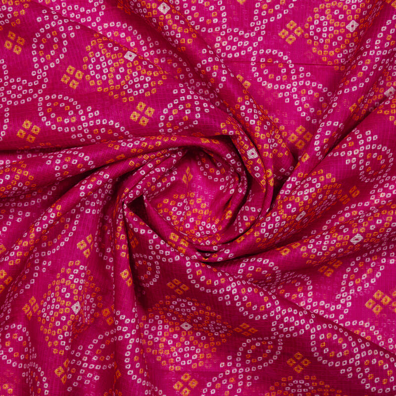 Dark Pink Bandhani Pattern Kota Doria Fabric - Fabcurate