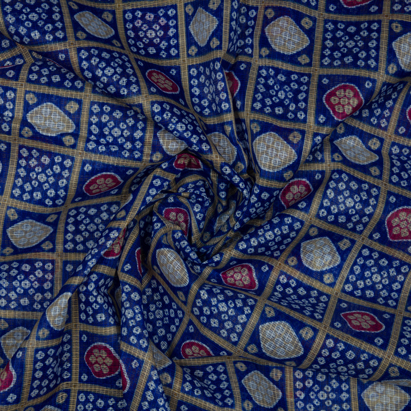 Royal Blue Bandhani Pattern Screen Print Kota Doria Fabric - Fabcurate