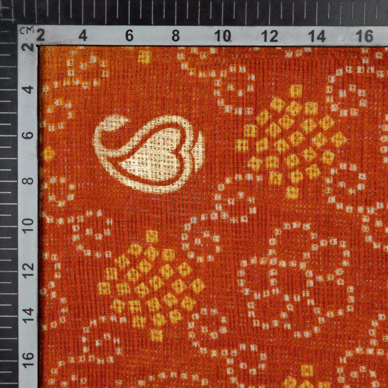 Yellow And Orange Bandhani Pattern Foil Print Kota Doria Fabric - Fabcurate