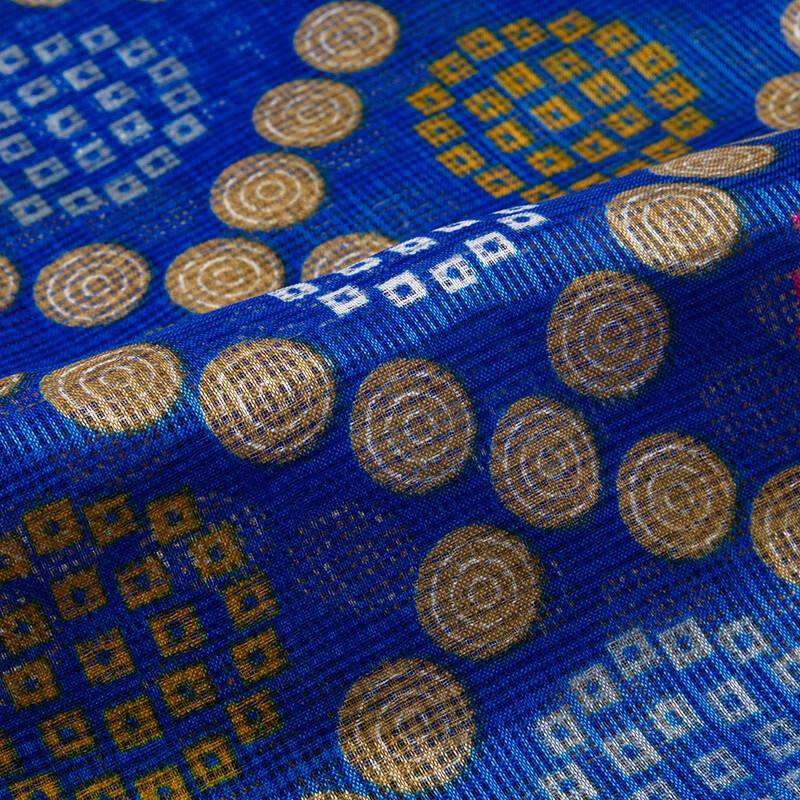 Blue And Beige Bandhani Pattern Screen Print Kota Doria Fabric - Fabcurate