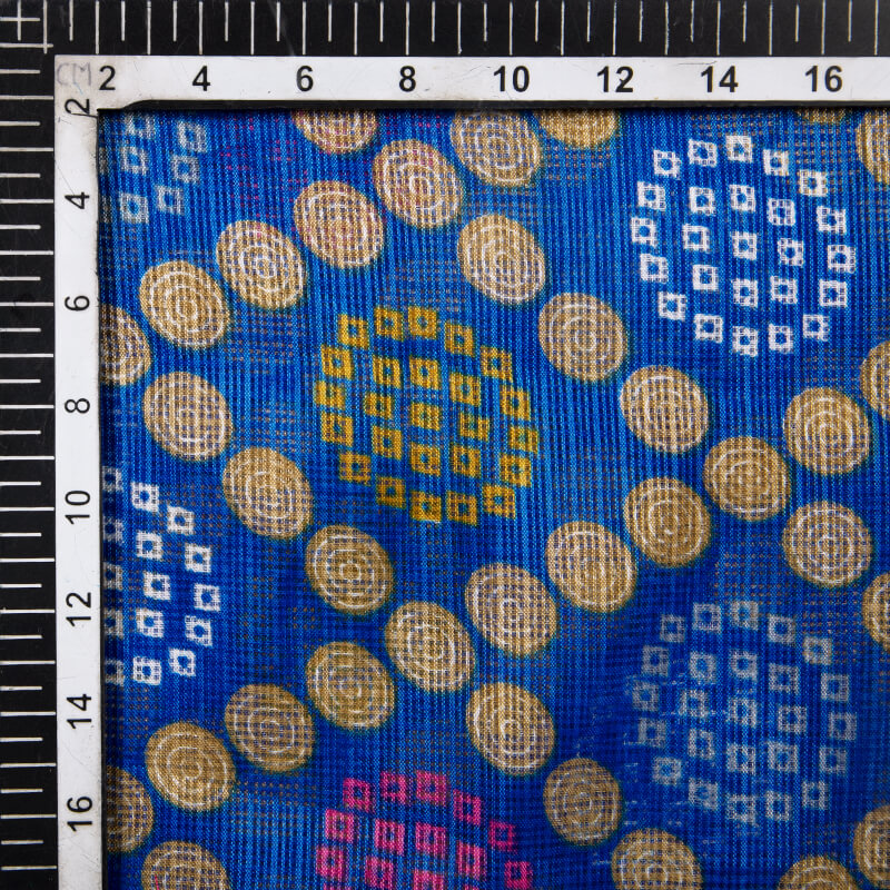 Blue And Beige Bandhani Pattern Screen Print Kota Doria Fabric - Fabcurate