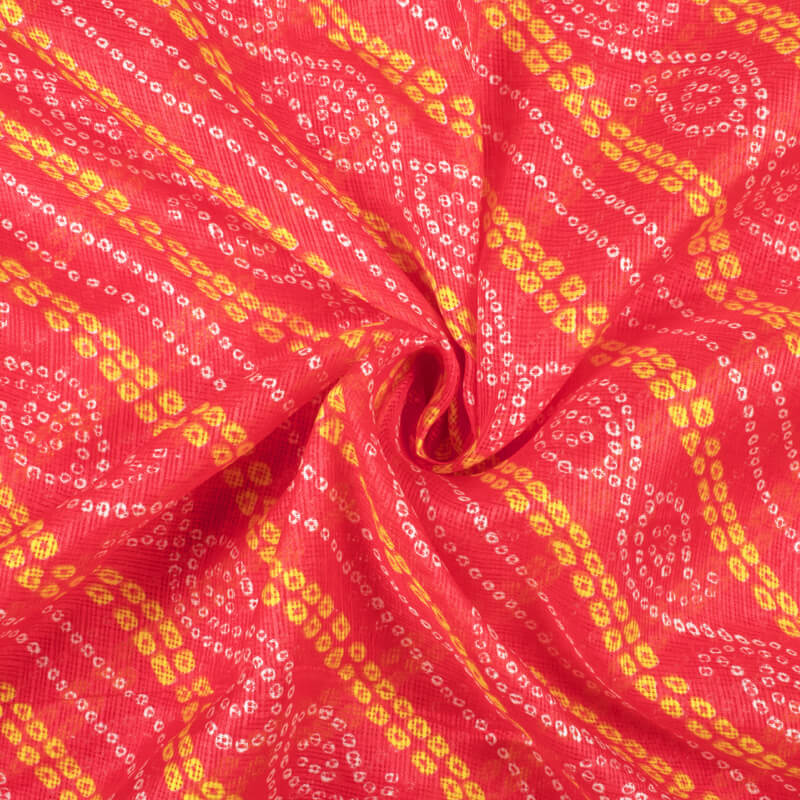 Carrot Pink And Yellow Bandhani Pattern Screen Print Kota Doria Fabric - Fabcurate