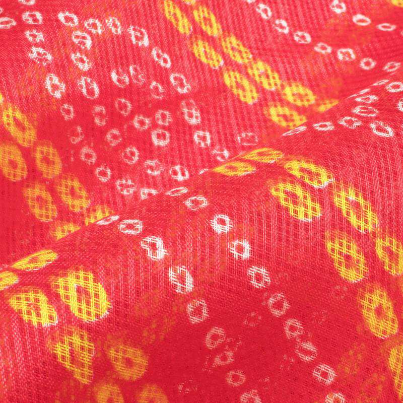 Carrot Pink And Yellow Bandhani Pattern Screen Print Kota Doria Fabric - Fabcurate