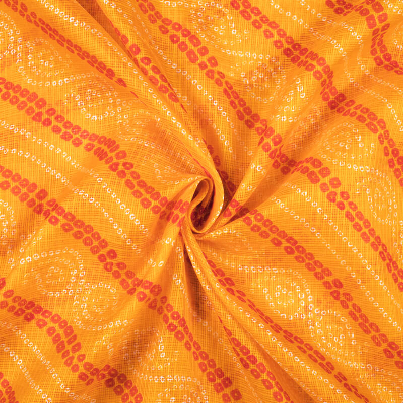 Merigold Yellow And Red Bandhani Pattern Screen Print Kota Doria Fabric - Fabcurate