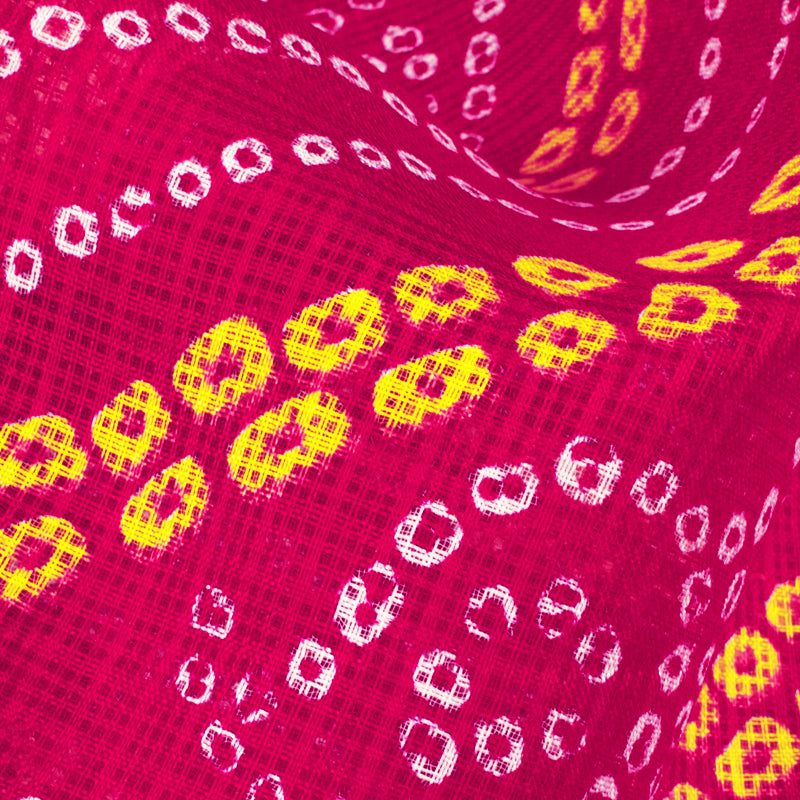Dark Pink And Yellow Bandhani Pattern Screen Print Kota Doria Fabric - Fabcurate