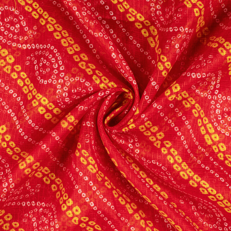 Red And Yellow Bandhani Pattern Screen Print Kota Doria Fabric - Fabcurate