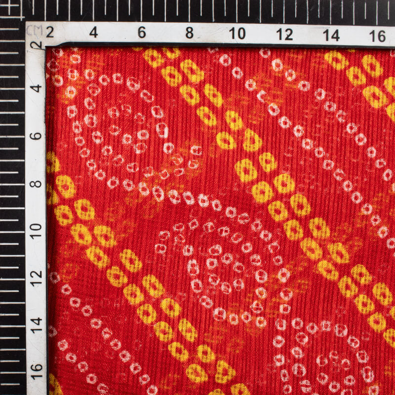 Red And Yellow Bandhani Pattern Screen Print Kota Doria Fabric - Fabcurate