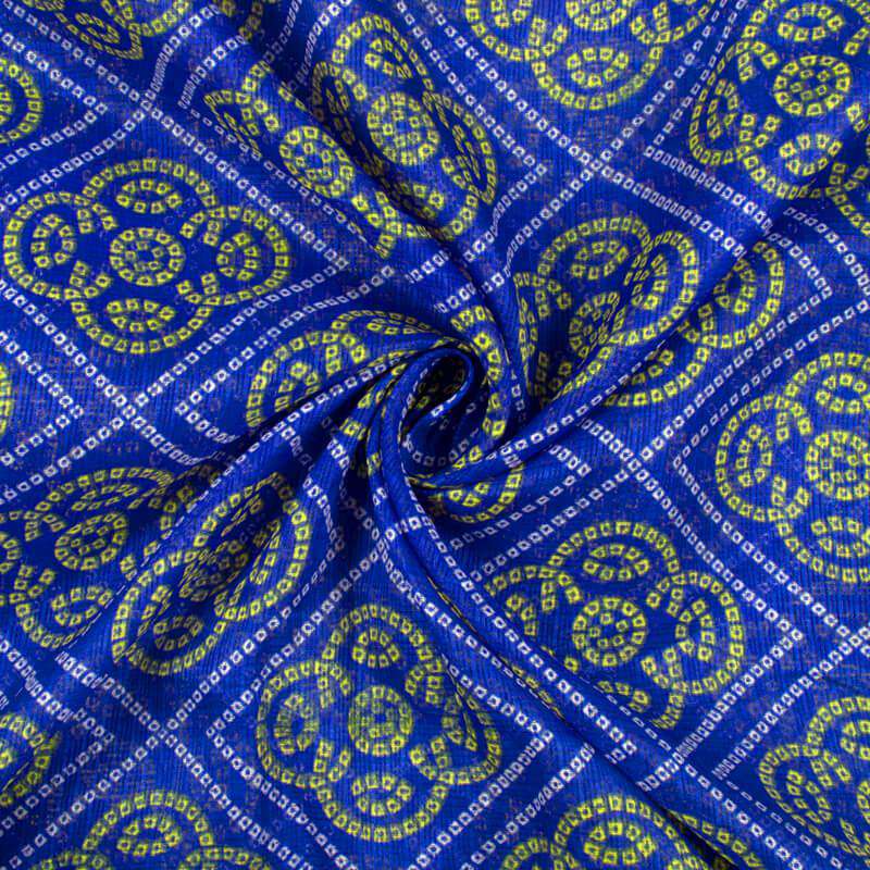 Royal Blue And White Bandhani Pattern Screen Print Kota Doria Fabric - Fabcurate