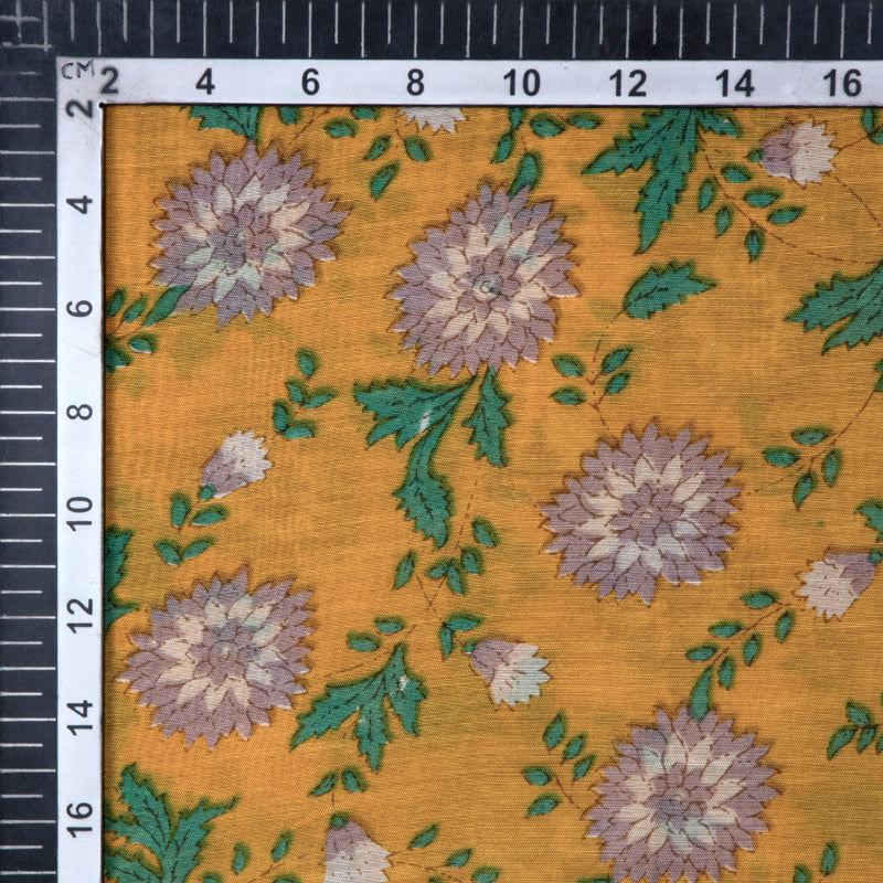 Mustard Floral Pattern Viscose Muslin Fabric - Fabcurate