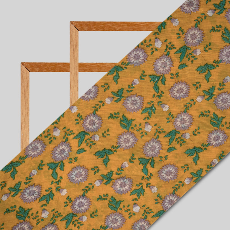 Mustard Floral Pattern Viscose Muslin Fabric - Fabcurate