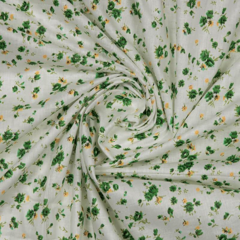 White And Green Floral Pattern Screen Print Cotton Lawn Fabric - Fabcurate