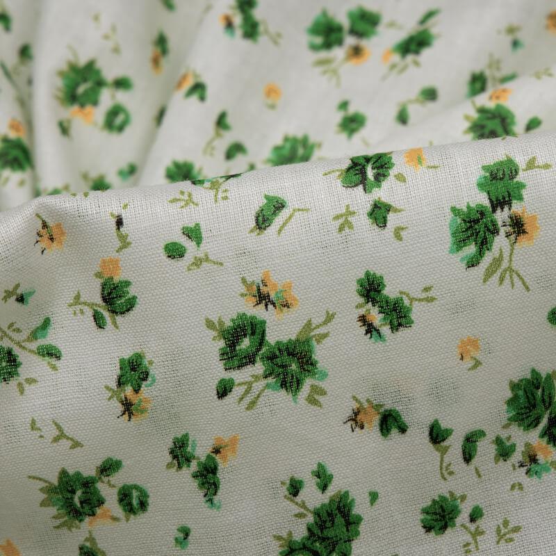 White And Green Floral Pattern Screen Print Cotton Lawn Fabric - Fabcurate