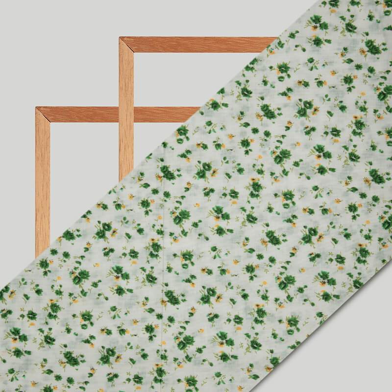 White And Green Floral Pattern Screen Print Cotton Lawn Fabric