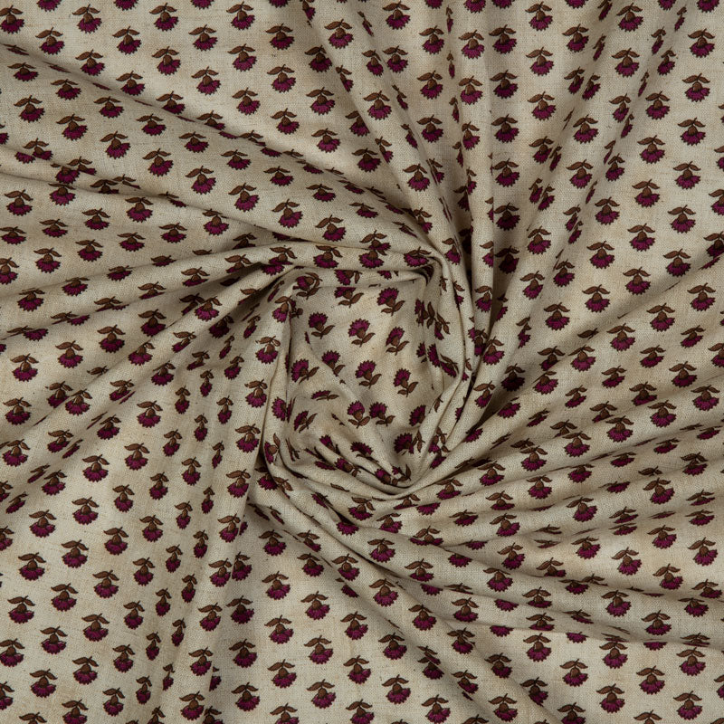 Cream And Maroon Floral Flex Cotton Fabric - Fabcurate