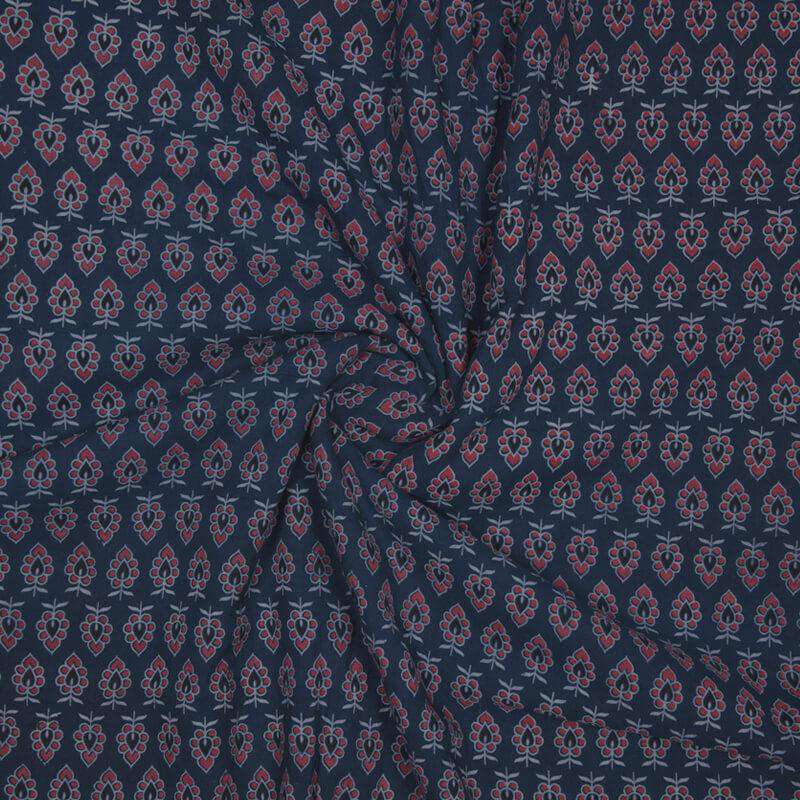 Navy Blue Floral Booti Pattern Ajrakh Screen Print Natural Dye Cotton Fabric - Fabcurate