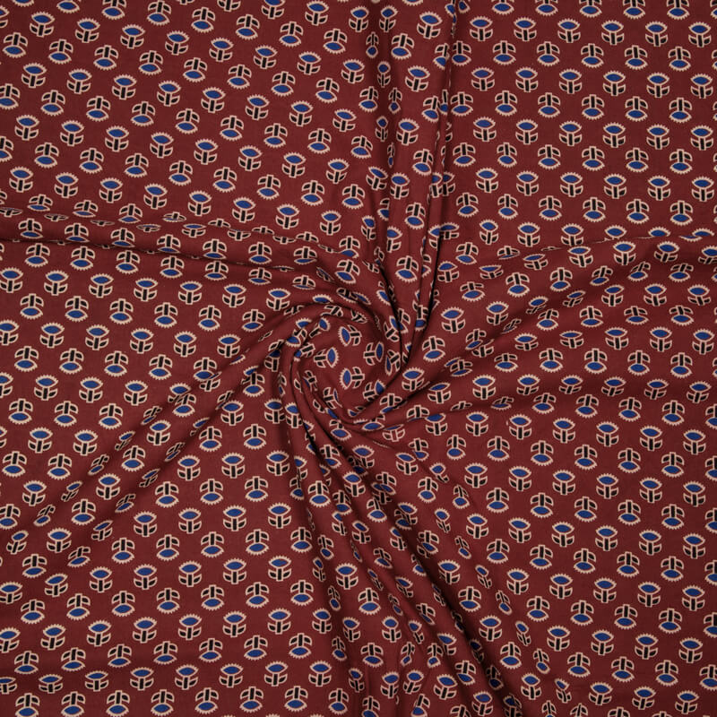 Maroon Floral Booti Pattern Ajrakh Screen Print Natural Dye Cotton Fabric