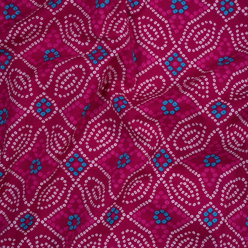 Dark Pink And Blue Bandhani Pattern Screen Print Cotton Fabric - Fabcurate