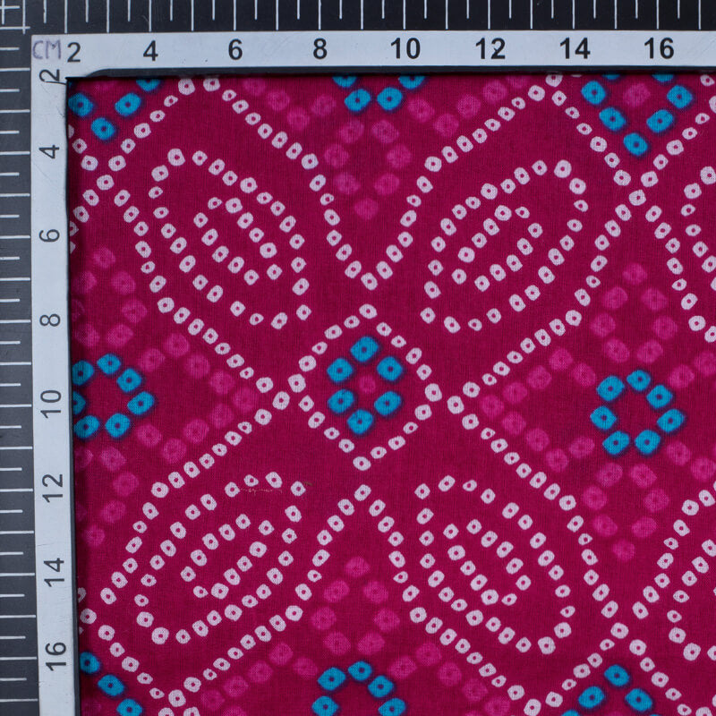 Dark Pink And Blue Bandhani Pattern Screen Print Cotton Fabric - Fabcurate