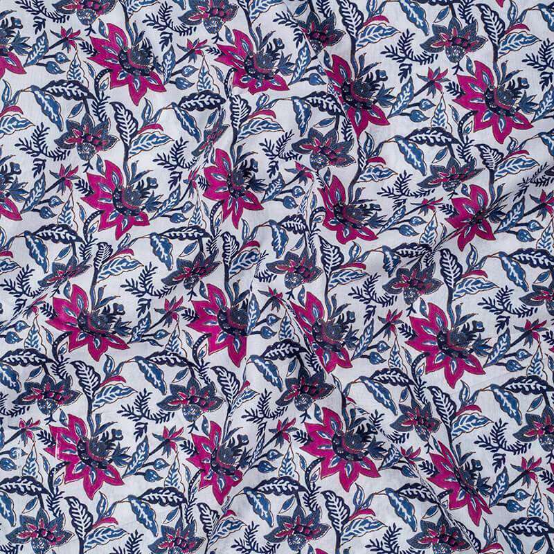 Blue And Pink Floral Pattern Screen Print Cotton Fabric - Fabcurate