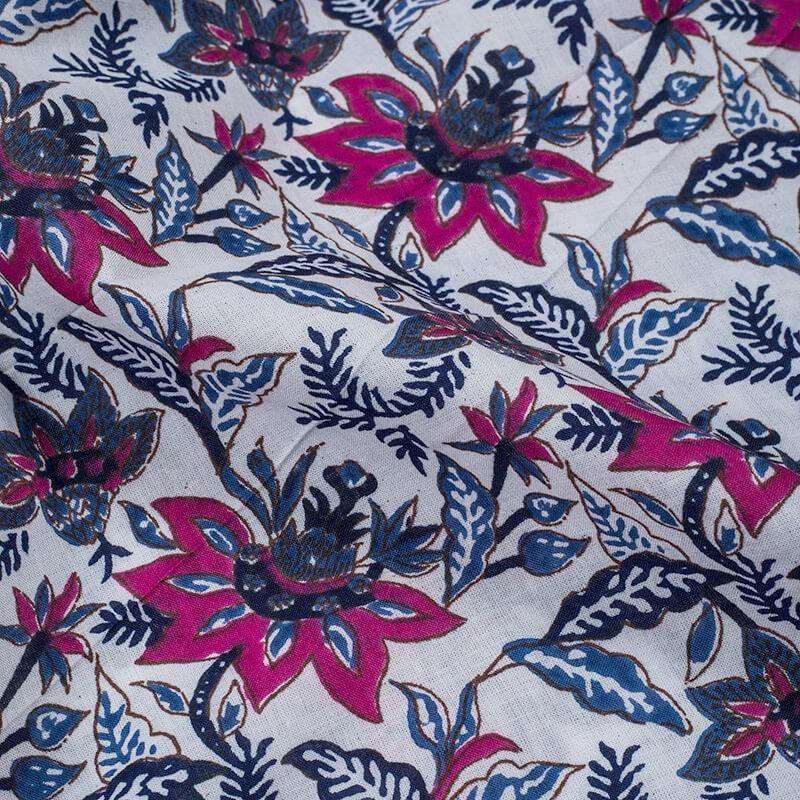 Blue And Pink Floral Pattern Screen Print Cotton Fabric - Fabcurate
