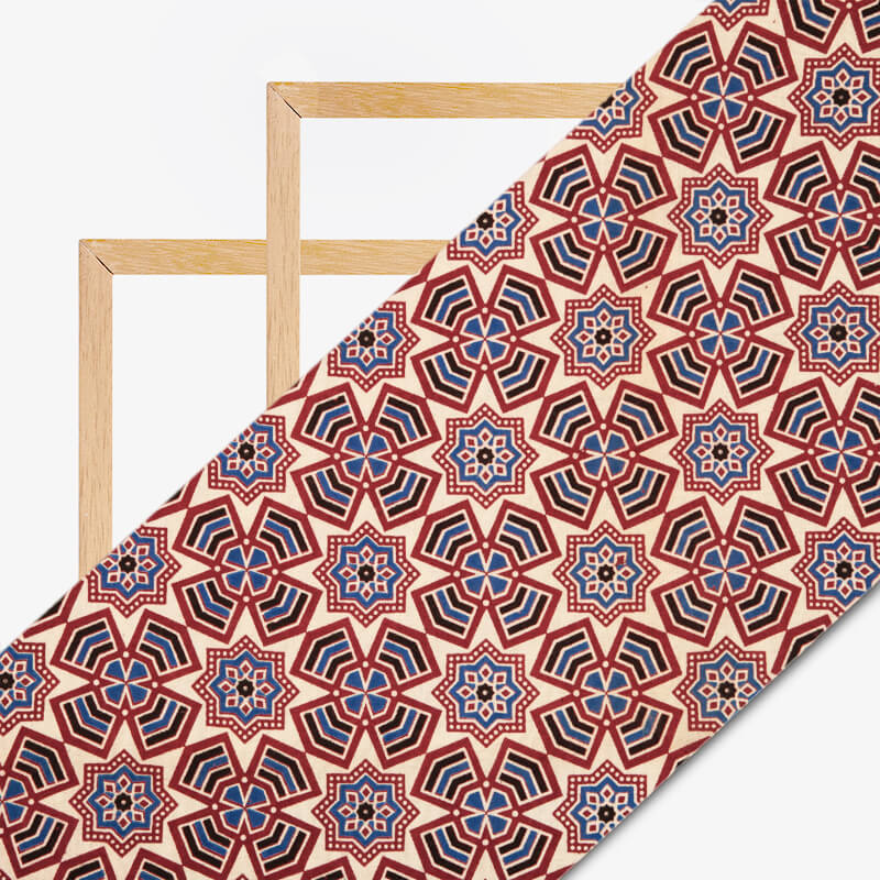 Beige And Maroon Geometric Pattern Ajrakh Screen Print Natural Dye Cotton Fabric - Fabcurate