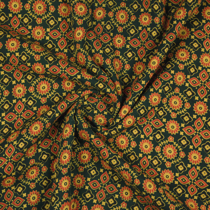 Green And Yellow Traditional Pattern Ajrakh Screen Print Natural Dye Cotton Fabric - Fabcurate