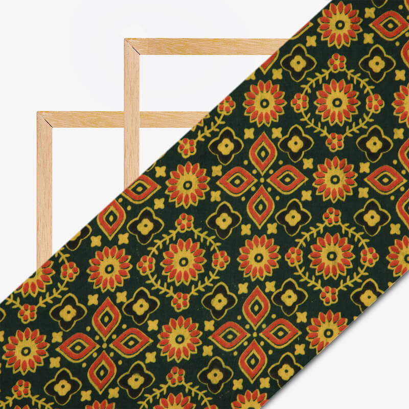 Green And Yellow Traditional Pattern Ajrakh Screen Print Natural Dye Cotton Fabric - Fabcurate