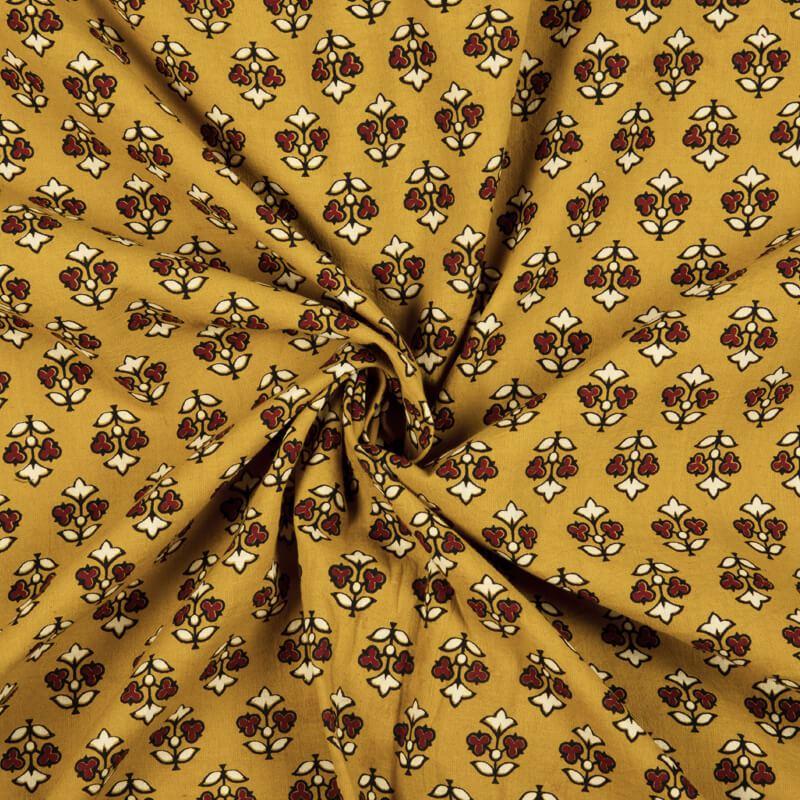 Yellow And Maroon Floral Booti Pattern Ajrakh Screen Print Natural Dye Cotton Fabric - Fabcurate