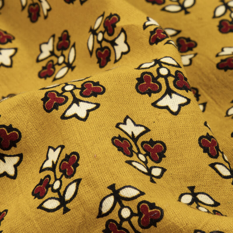 Yellow And Maroon Floral Booti Pattern Ajrakh Screen Print Natural Dye Cotton Fabric - Fabcurate