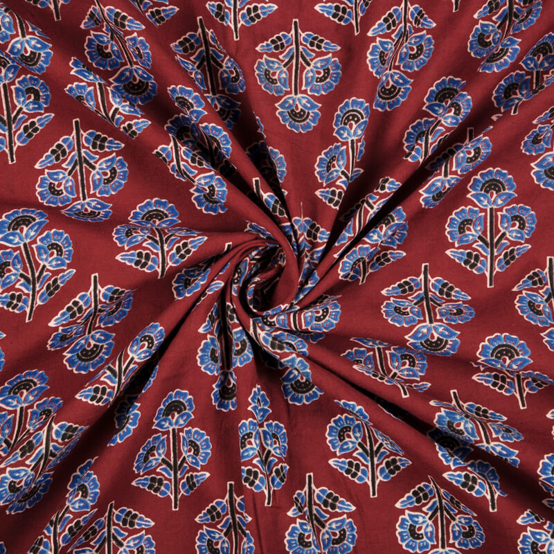 Maroon And Blue Floral Pattern Ajrakh Screen Print Natural Dye Cotton Fabric - Fabcurate