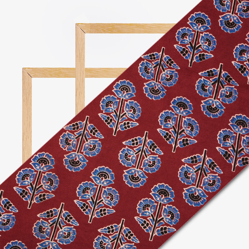 Maroon And Blue Floral Pattern Ajrakh Screen Print Natural Dye Cotton Fabric - Fabcurate
