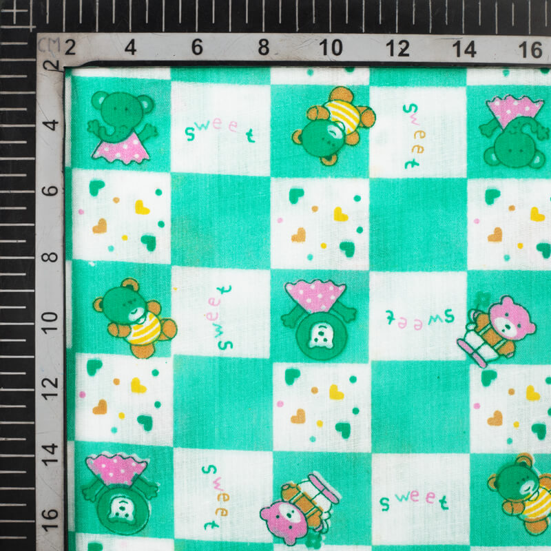 White And Light Green Checks Pattern Kids Pattern Cotton Fabric - Fabcurate