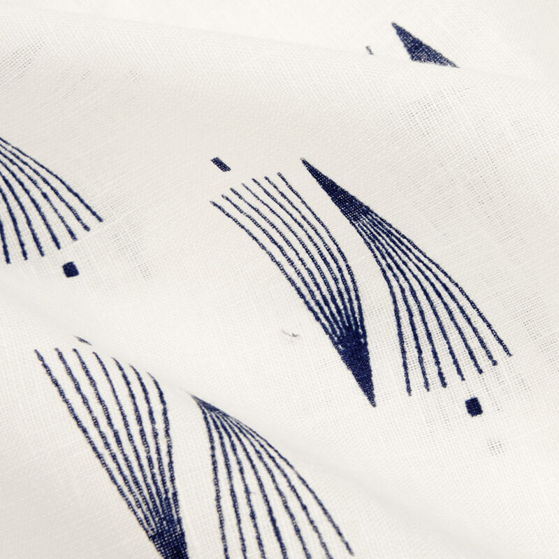 White And Navy Blue Geometric Pattern Screen Print Cotton Slub Fabric - Fabcurate