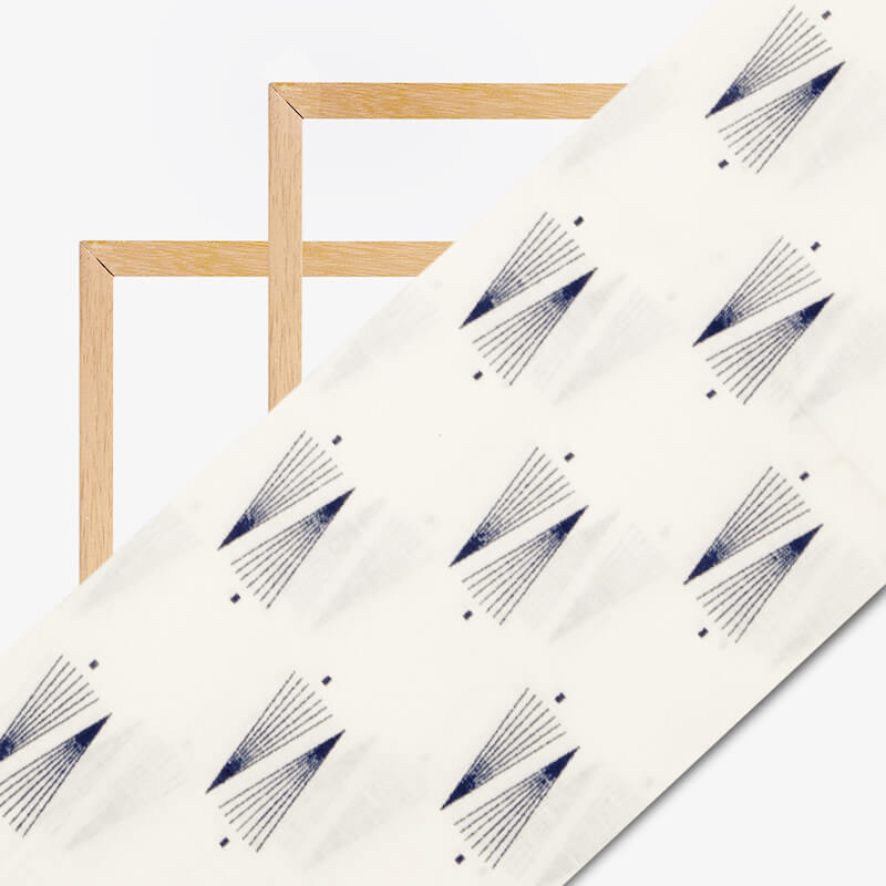 White And Navy Blue Geometric Pattern Screen Print Cotton Slub Fabric - Fabcurate