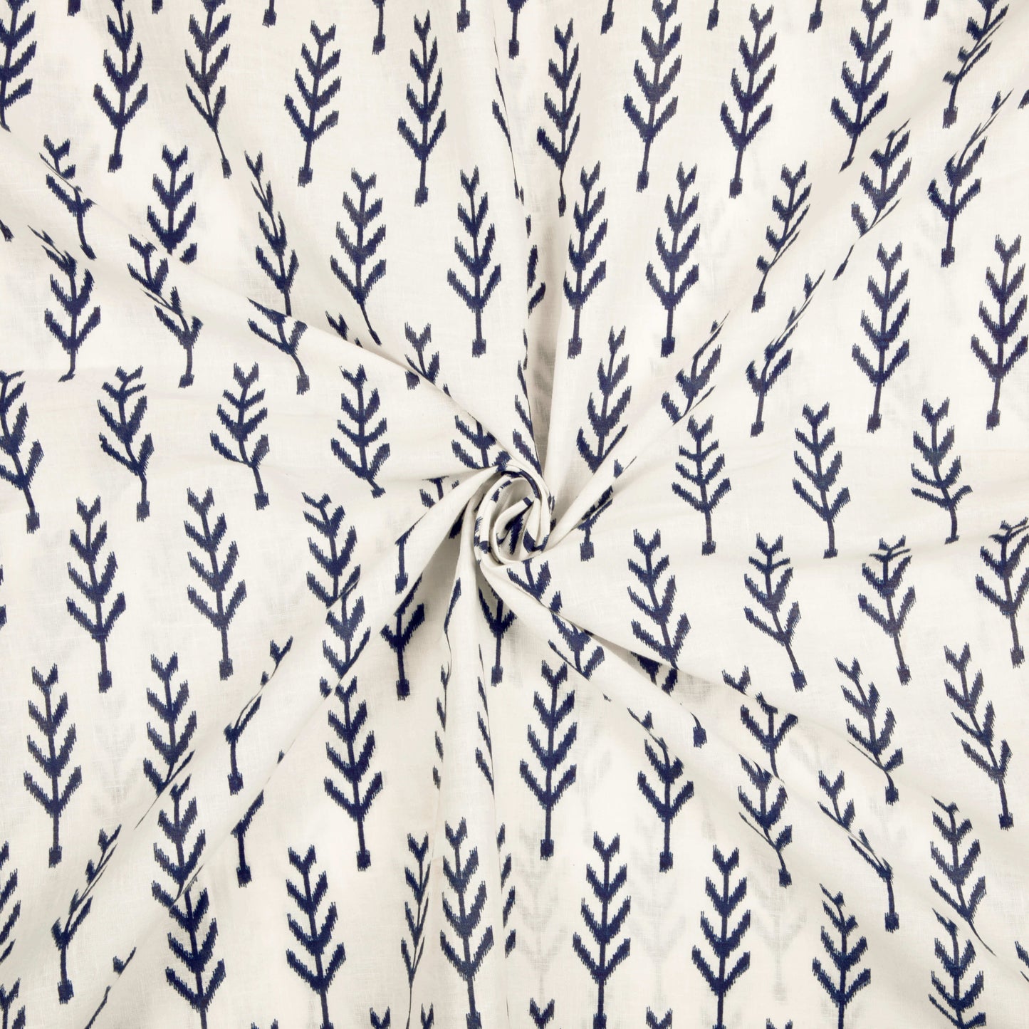 White And Navy Blue Leaf Pattern Screen Print Cotton Slub Fabric - Fabcurate