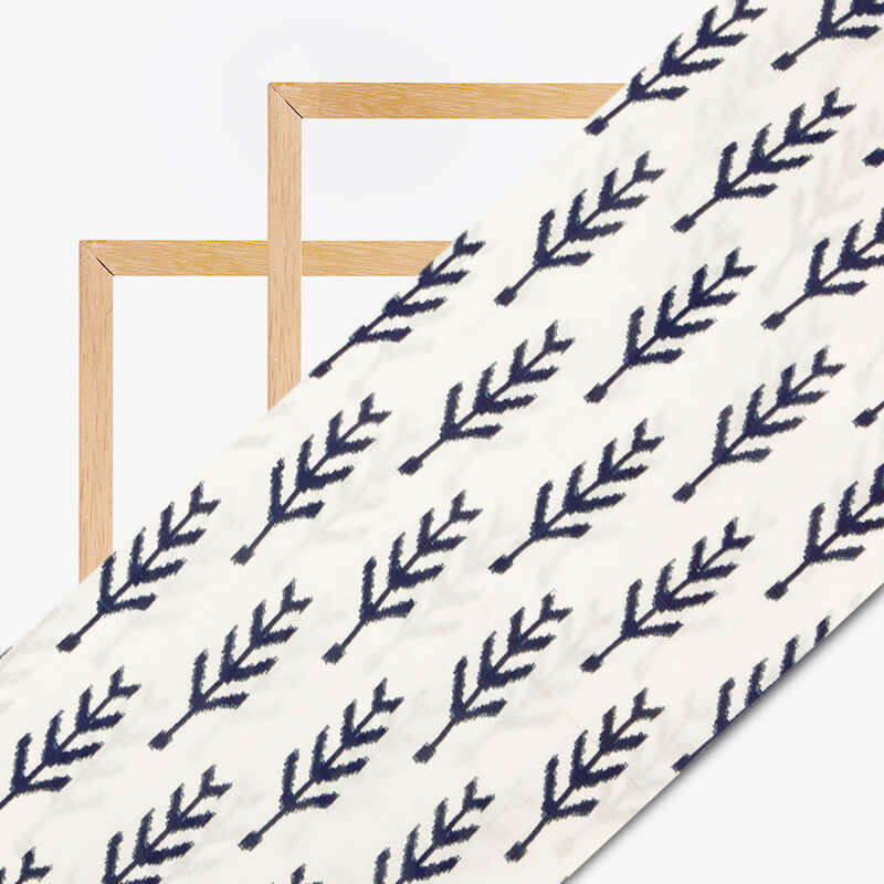 White And Navy Blue Leaf Pattern Screen Print Cotton Slub Fabric - Fabcurate