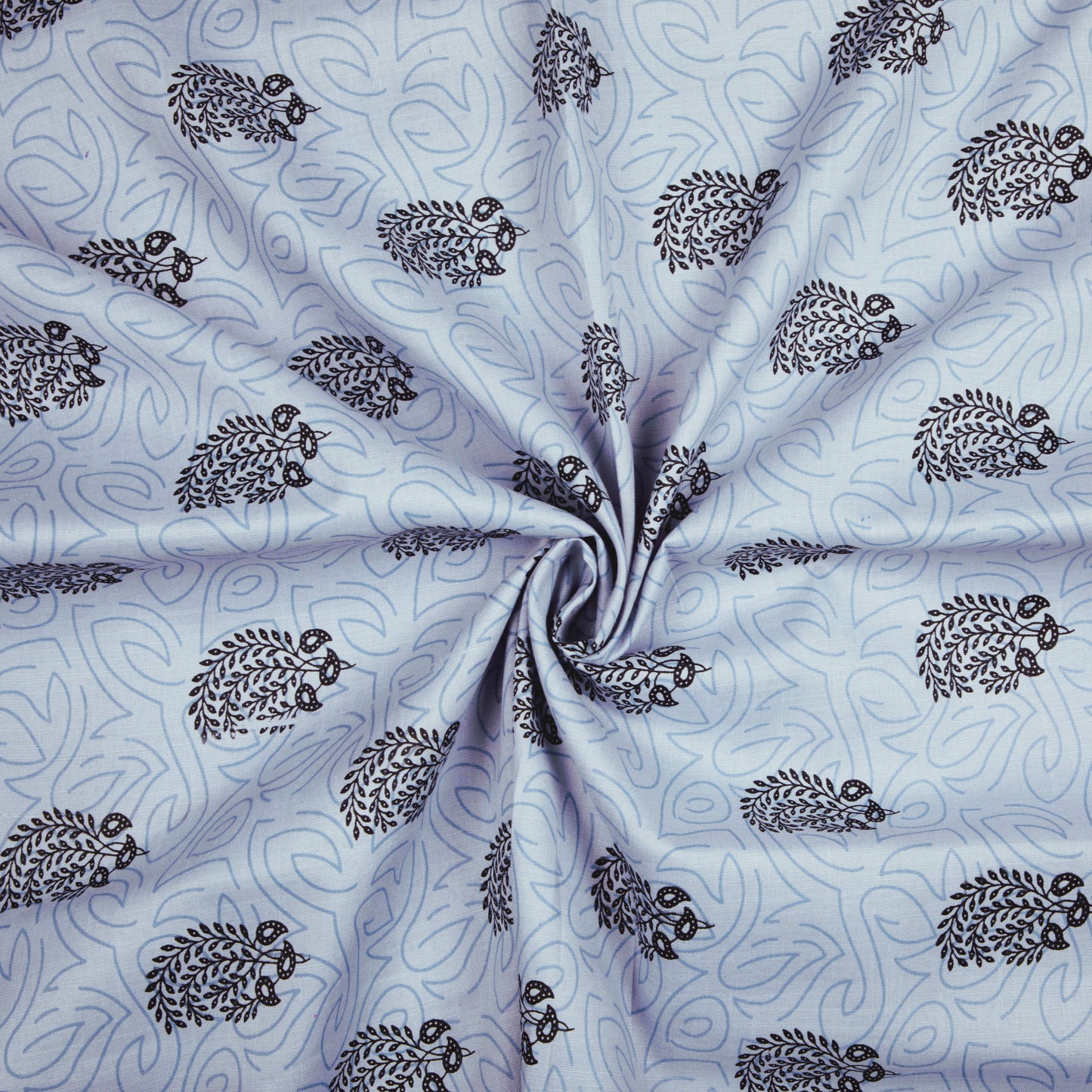 Grey And Black Mughal Floral Pattern Screen Print Cotton Slub Fabric - Fabcurate