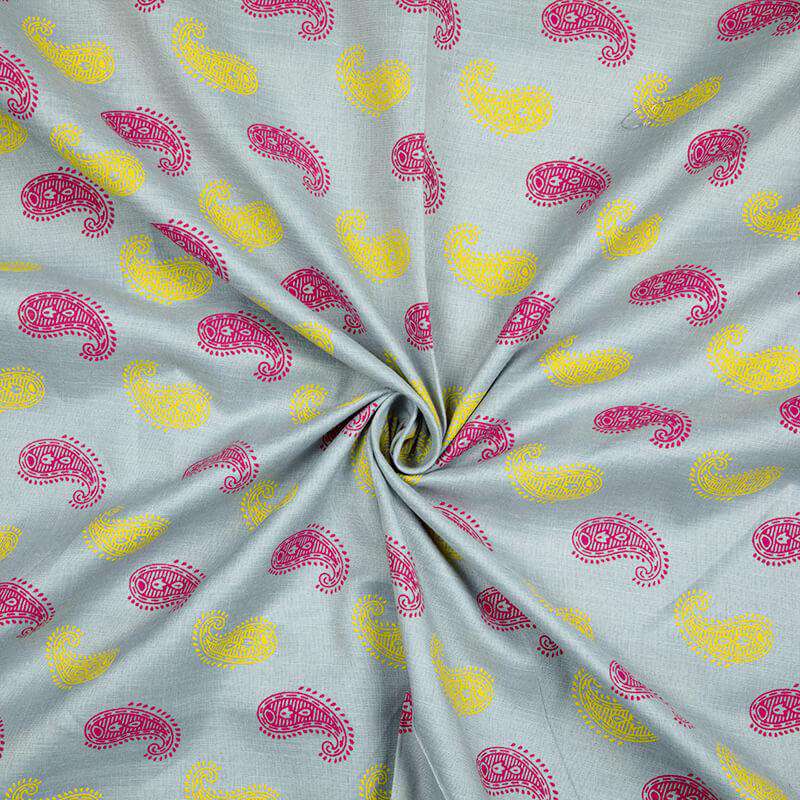 Grey And Magenta Pink Paisley Pattern Screen Print Cotton Slub Fabric - Fabcurate