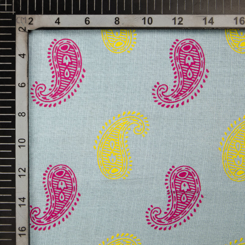 Grey And Magenta Pink Paisley Pattern Screen Print Cotton Slub Fabric - Fabcurate