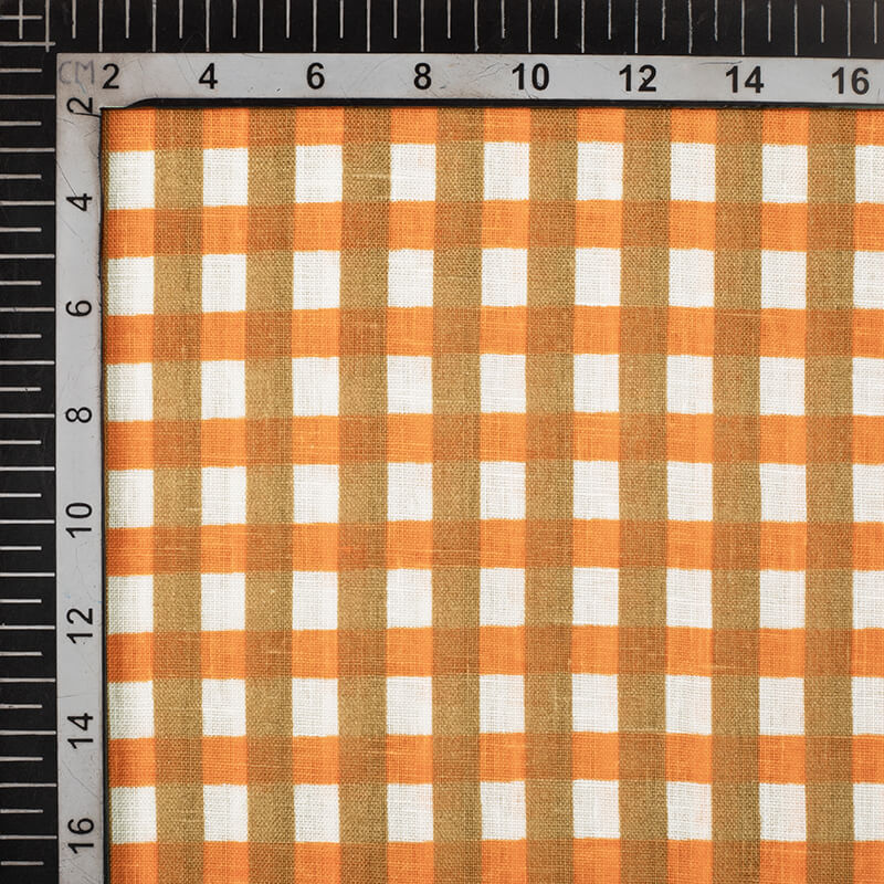 White And Royal Orange Checks Pattern Screen Print  Cotton Slub Fabric - Fabcurate